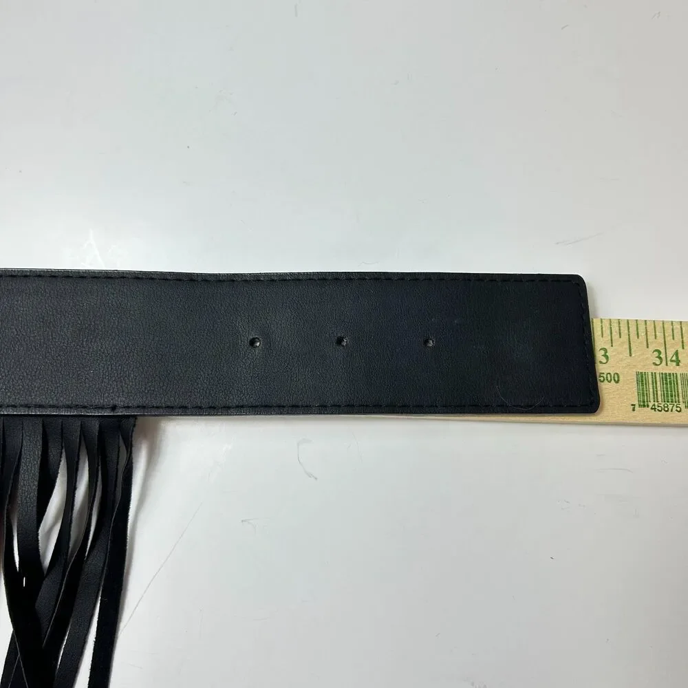 Women's NWOT Black Fringe Clear Gem Detail Buckle Elastic and Faux Leather Belt